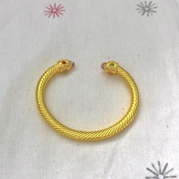 Yellow Twisted Cable Bangle Cuff Bracelet with Crystal Ends - Picture 4 of 7